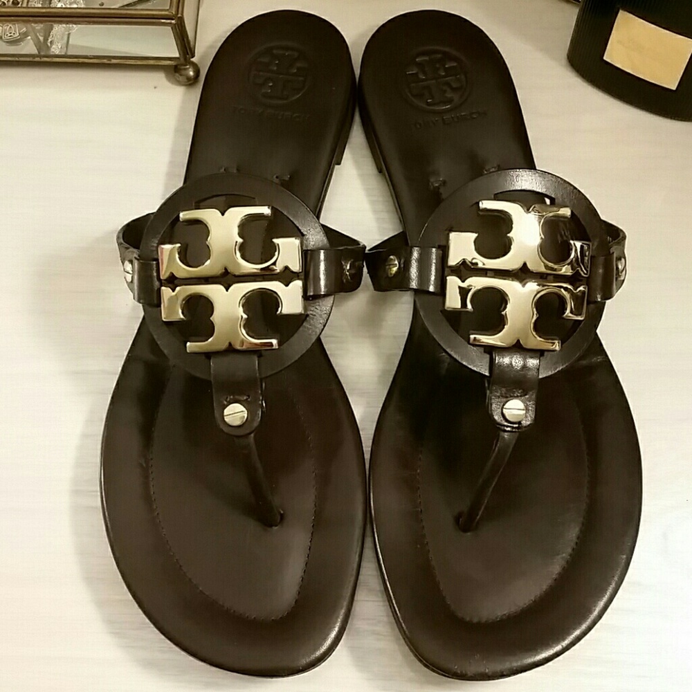 Tory Burch Miller Sandals in Dark Brown and Gold